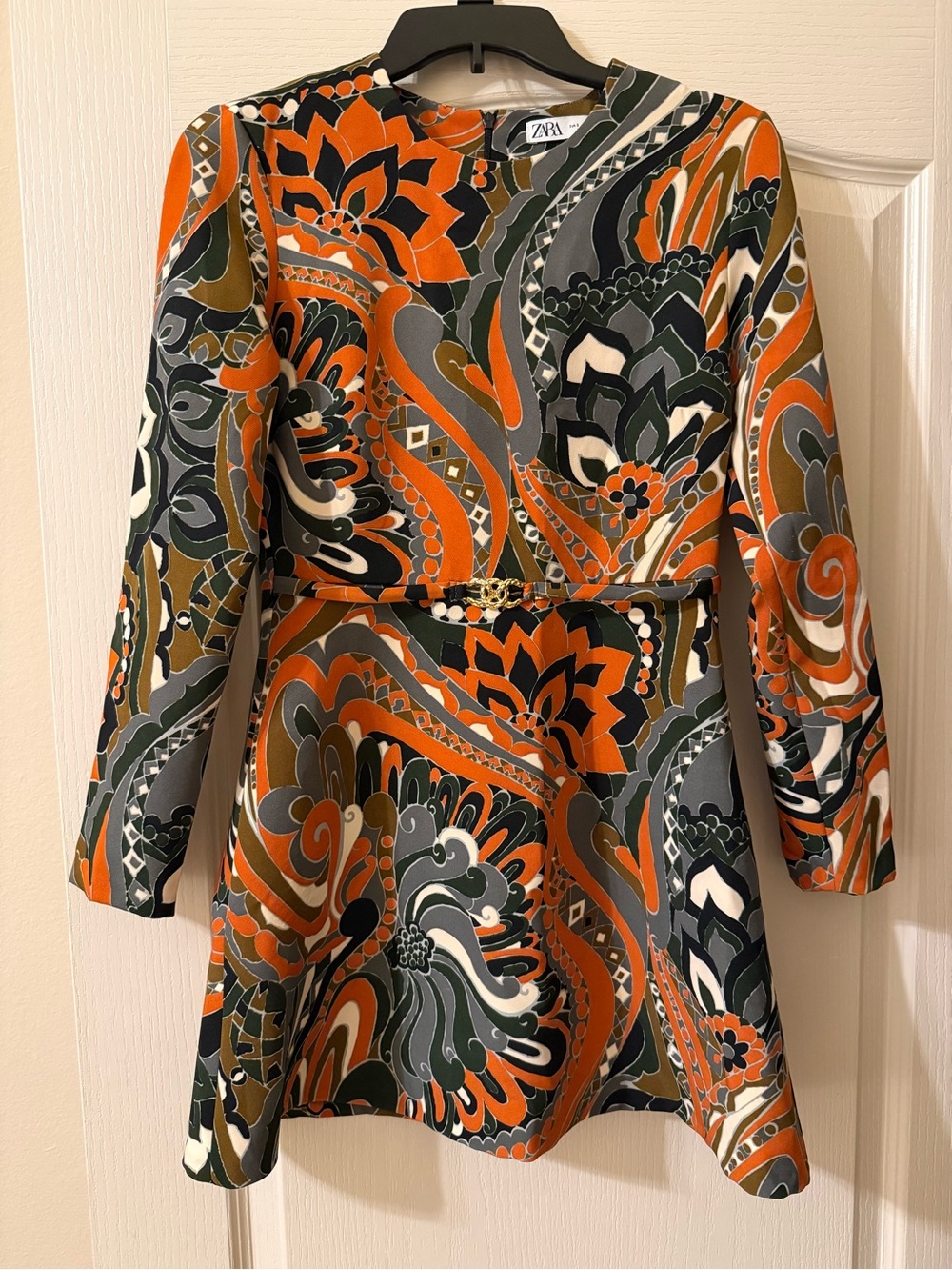 Zara Orange, Olive & Gray Paisley Long-Sleeve Mini Dress with Gold Detail Waist